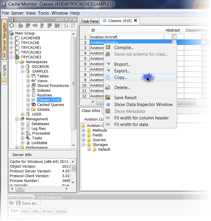 Caché Monitor dialog for copying classes between servers and namespaces, including dependent classes